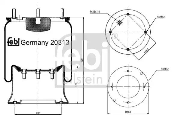 Пневмоподушка со стаканом 813MB Weweler H420, 4шп. M12, 1отв. M22  SAF MAZ ROR V