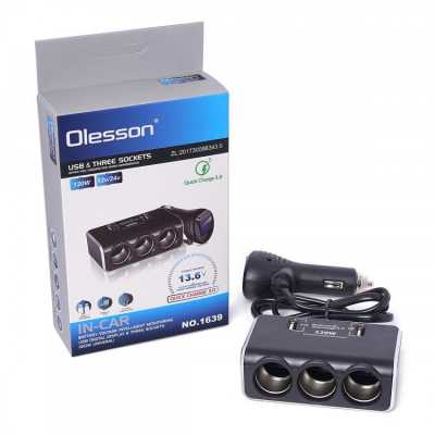 Разветвитель прикуривателя 1639 на 3 прикуриватель, 2 USB выхода(12V/24V) вольтметр LCD индикацией