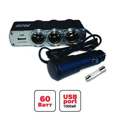 Разветвитель прикуривателя AVS 12/24 3 выхода + USB CS314U