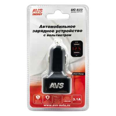 Устройство зарядное автомобильное USB AVS 2 порта UC-523 (3А,черный) с вольтметром