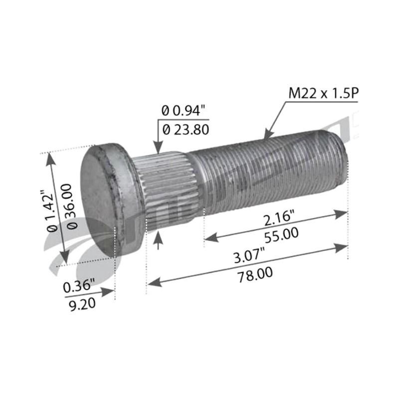 Шпилька колесная M22x1.5 (L=135 мм;) со шлицами, кл. проч. 10.9 о.н. 6520-3104071-109