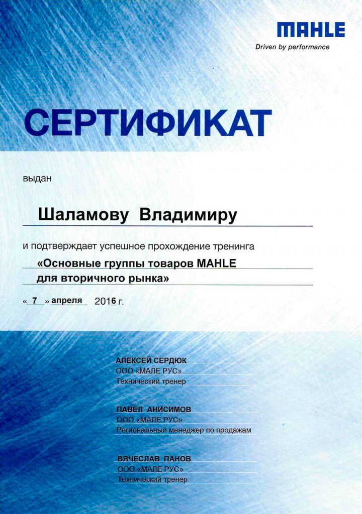  Сертификат Mahle