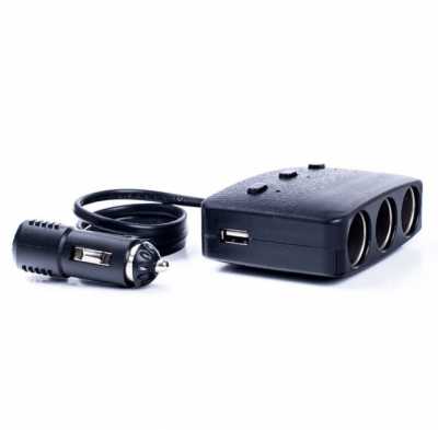 Разветвитель прикуривателя 1518 на3 прикуривателя с кнопкой выключения 1USB  (12V/24V) с вольтметром