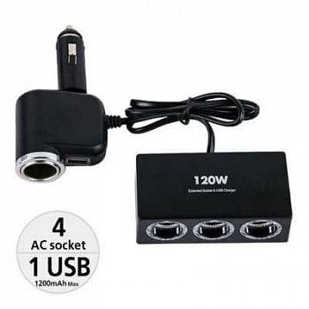 Разветвитель прикуривателя 1527 на 4 прикуривателя, 1 USB  (12V/24V) цвет: чёрный