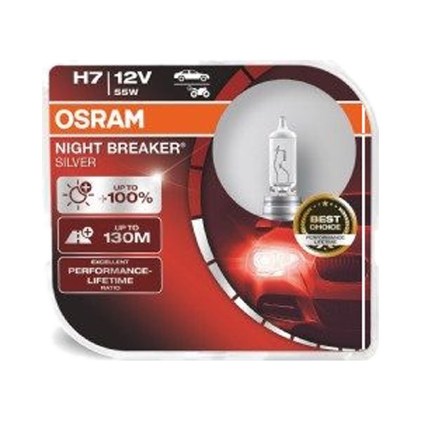 Лампа галоген 12V H7 55W OSRAM + 100% Night Breaker Silver (к-т 2шт.)
