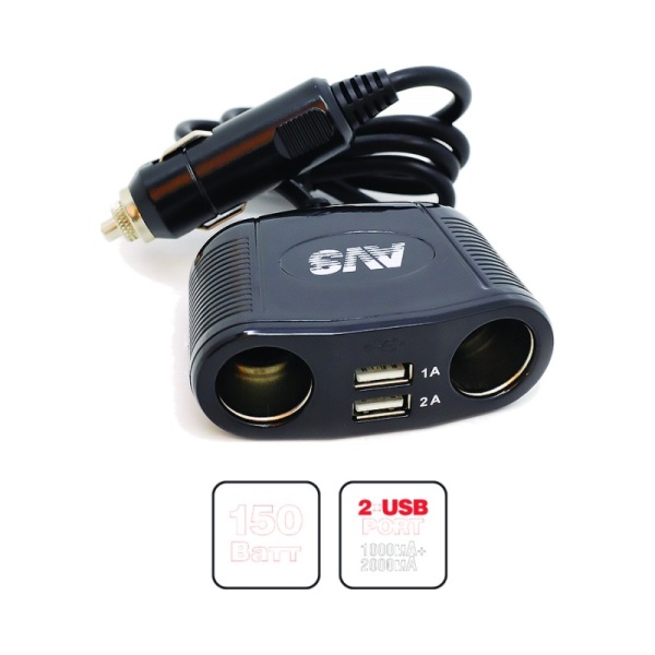 Разветвитель прикуривателя 12/24V (на 2 выхода+2USB) AVS CS220U