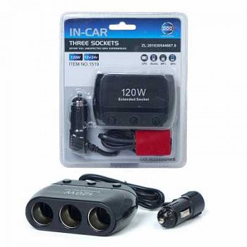 Разветвитель прикуривателя 1519 на3 прикуривателя с кнопкой выключения 1USB  (12V/24V)