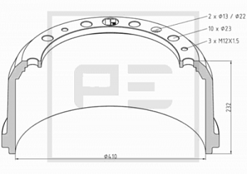 Барабан тормозной 410x188(185)x232 MAN F2000/F90/M90/TGA/TGS/TGX