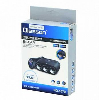 Разветвитель прикуривателя 1679 на3 прикуривателя с кнопкой выключения 1USB  (12V/24V) с вольтметром