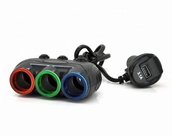 Разветвитель прикуривателя 1633 на3 прикуривателя с кнопкой выключения 1USB  (12V/24V) с вольтметром