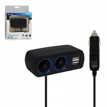 Разветвитель прикуривателя 1673 на 2 прикуривателя, 2 USB  (12V/24V) цвет: чёрный, в блистере