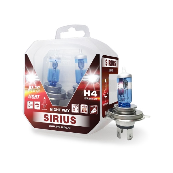 Лампа галоген 12V H4 60/55W AVS Sirius (к-т 2шт.)