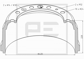 Барабан тормозной 420x167(150)x229 DAF передий